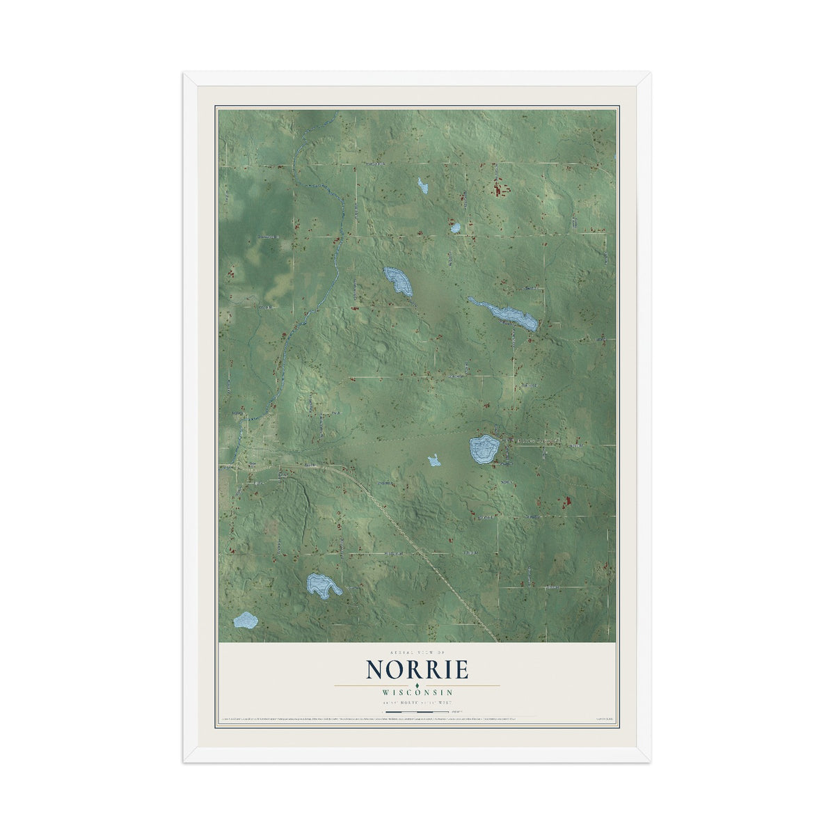 Map of Norrie, Wisconsin, 12 x 18 inch print in a white wood frame