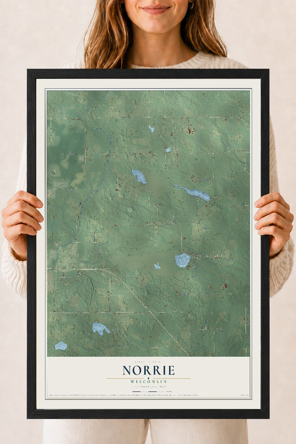 Map of Norrie, Wisconsin, 18 x 24 inch print in a black wood frame