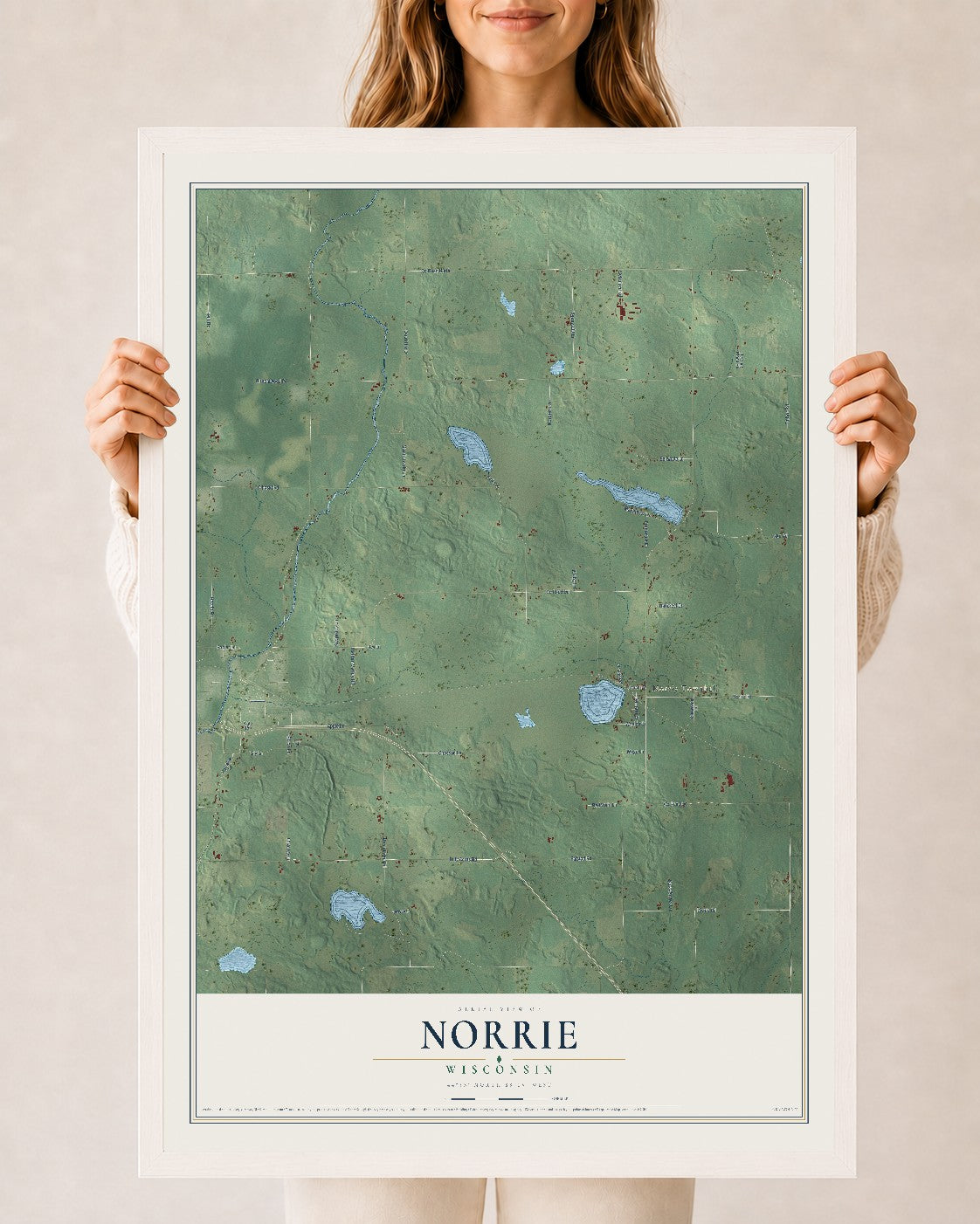 Map of Norrie, Wisconsin, 24 x 36 inch print in a white wood frame