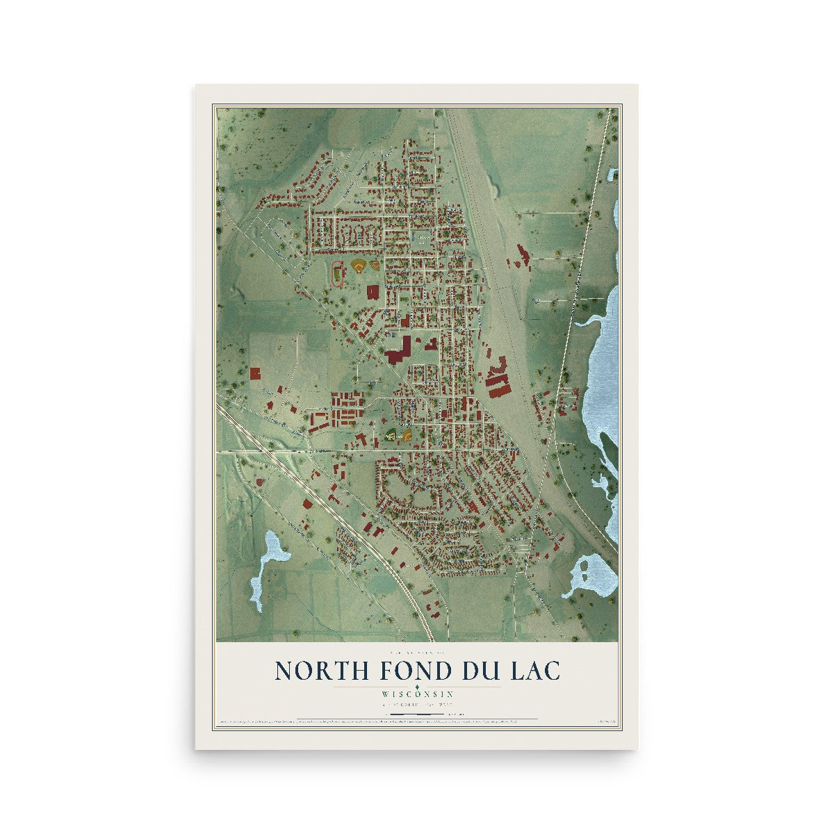 Map of North Fond du Lac, Wisconsin, 12 x 18 inch unframed archival matte print