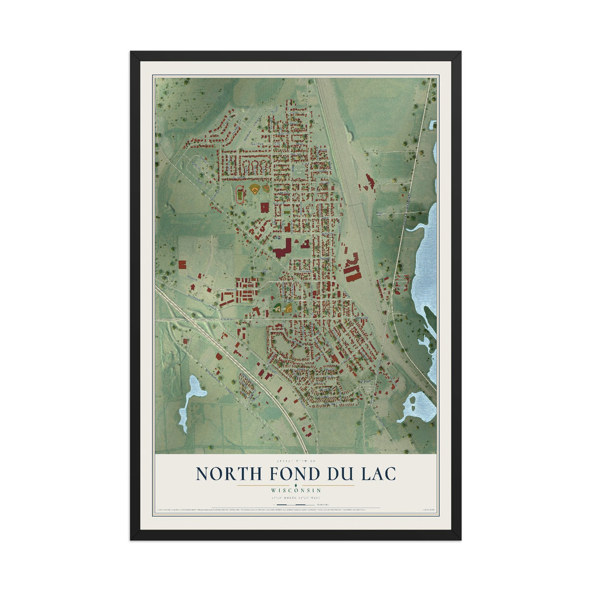 Map of North Fond du Lac, Wisconsin, 12 x 18 inch print in a black wood frame