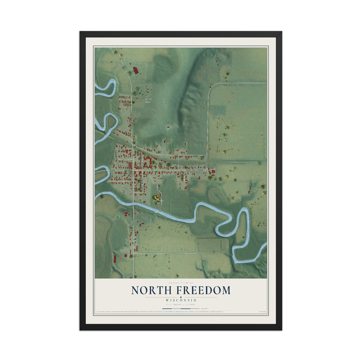Map of North Freedom, Wisconsin, 12 x 18 inch print in a black wood frame