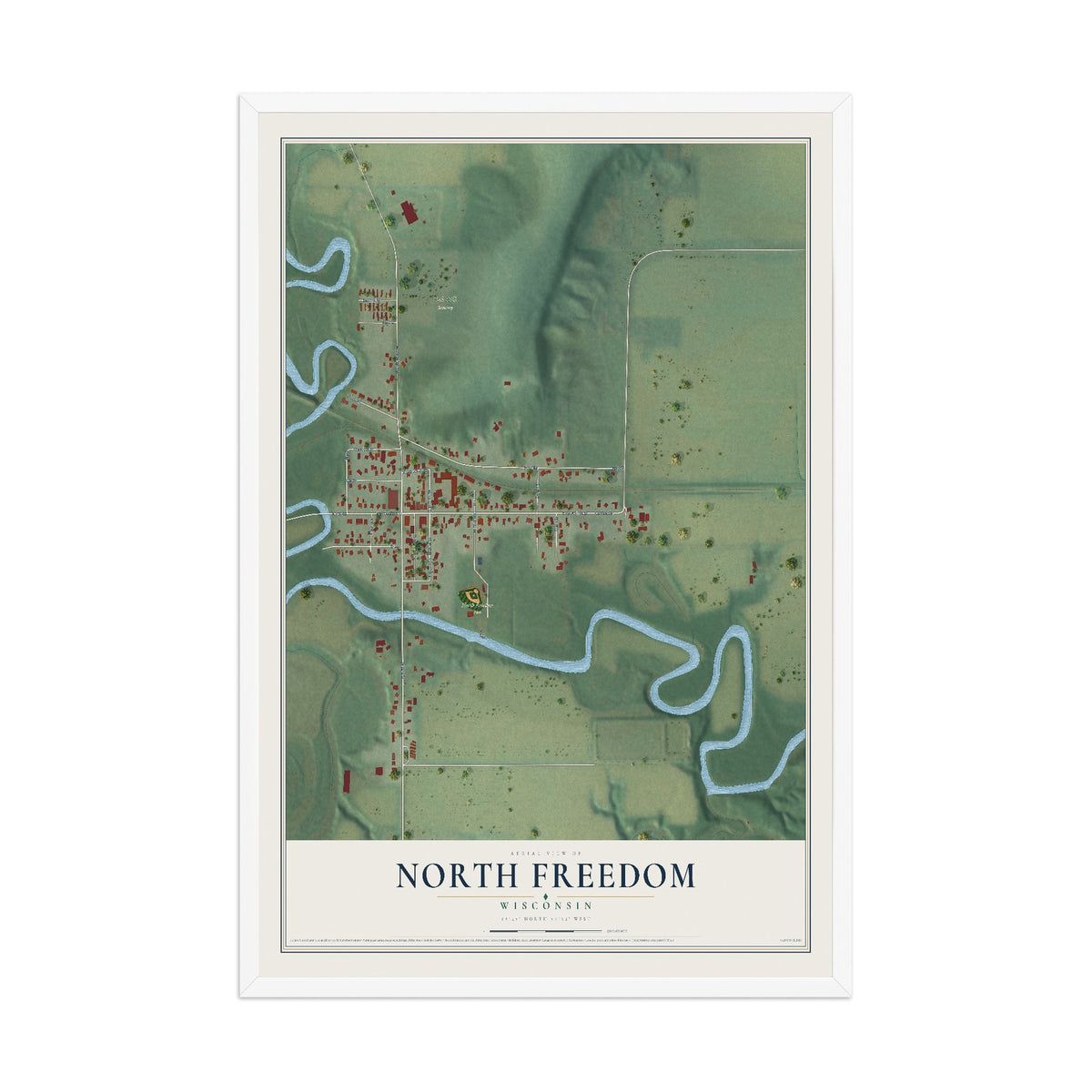Map of North Freedom, Wisconsin, 12 x 18 inch print in a white wood frame