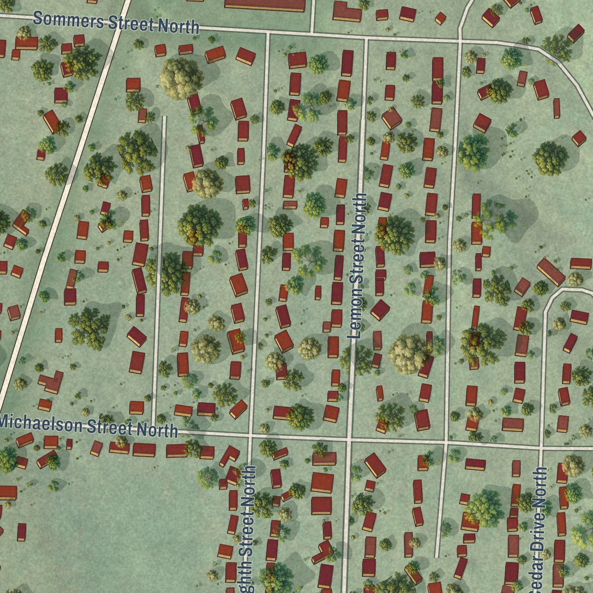 Close-up of the map of North Hudson, Wisconsin print showing street and building detail