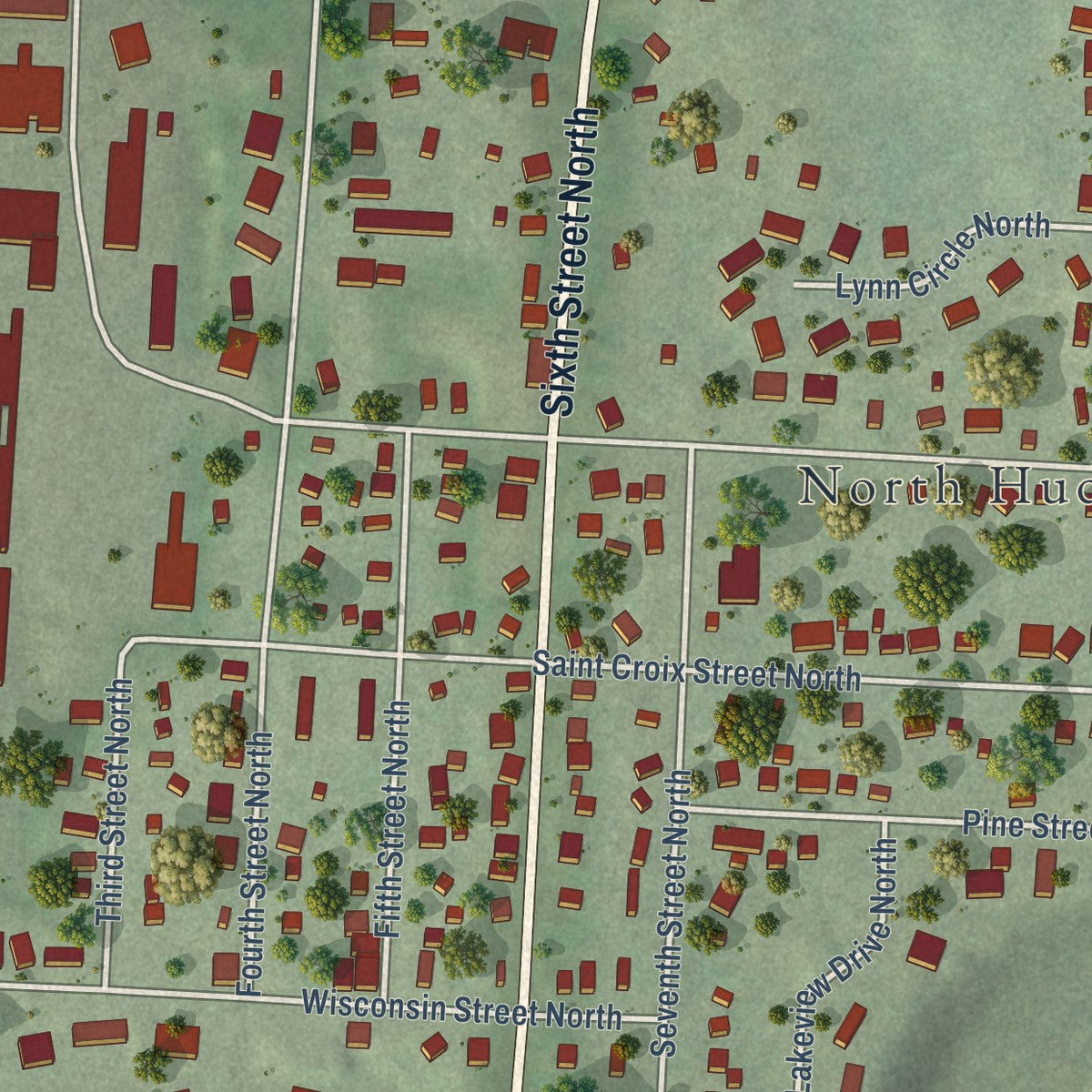 Second close-up of the map of North Hudson, Wisconsin print showing more streets and buildings