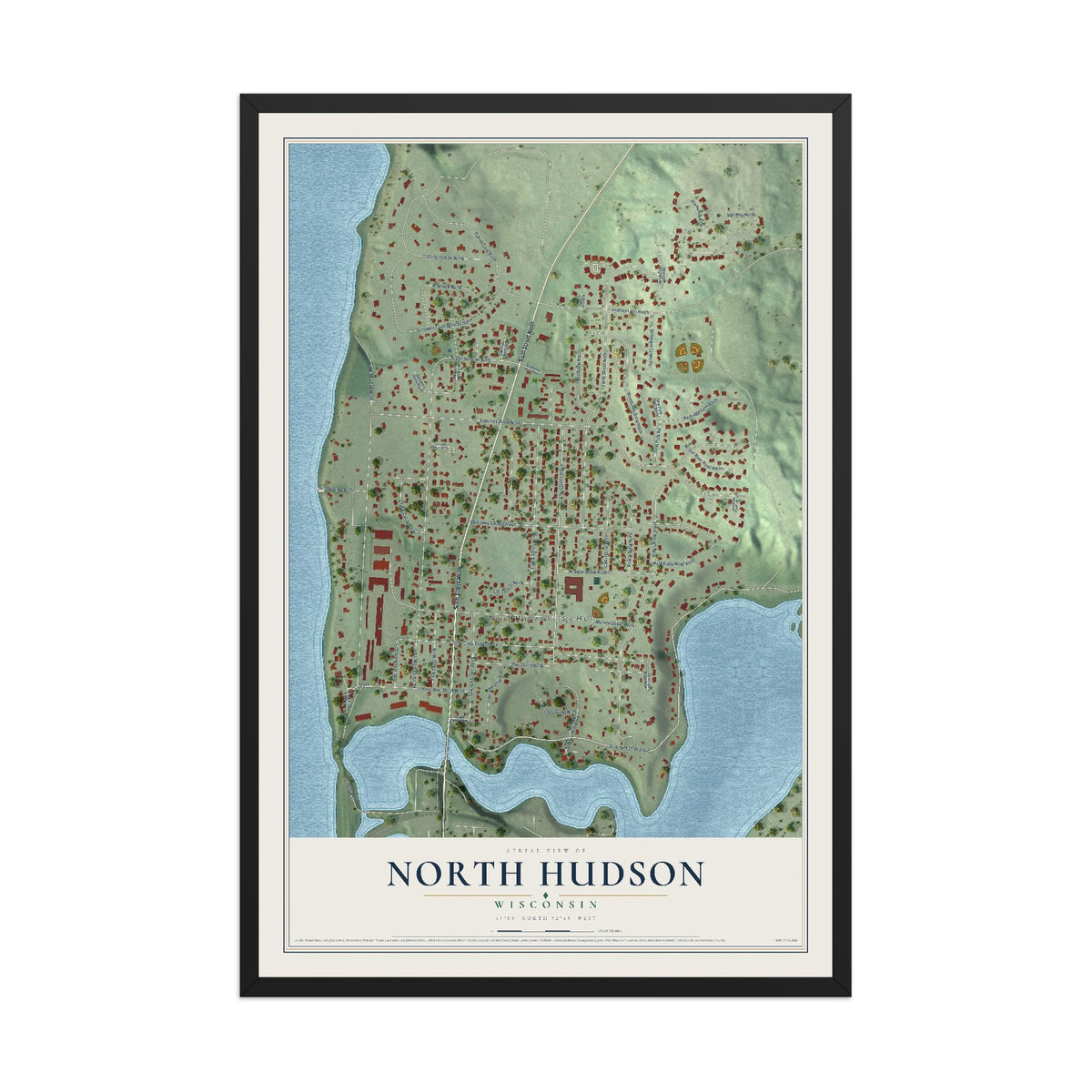 Map of North Hudson, Wisconsin, 12 x 18 inch print in a black wood frame