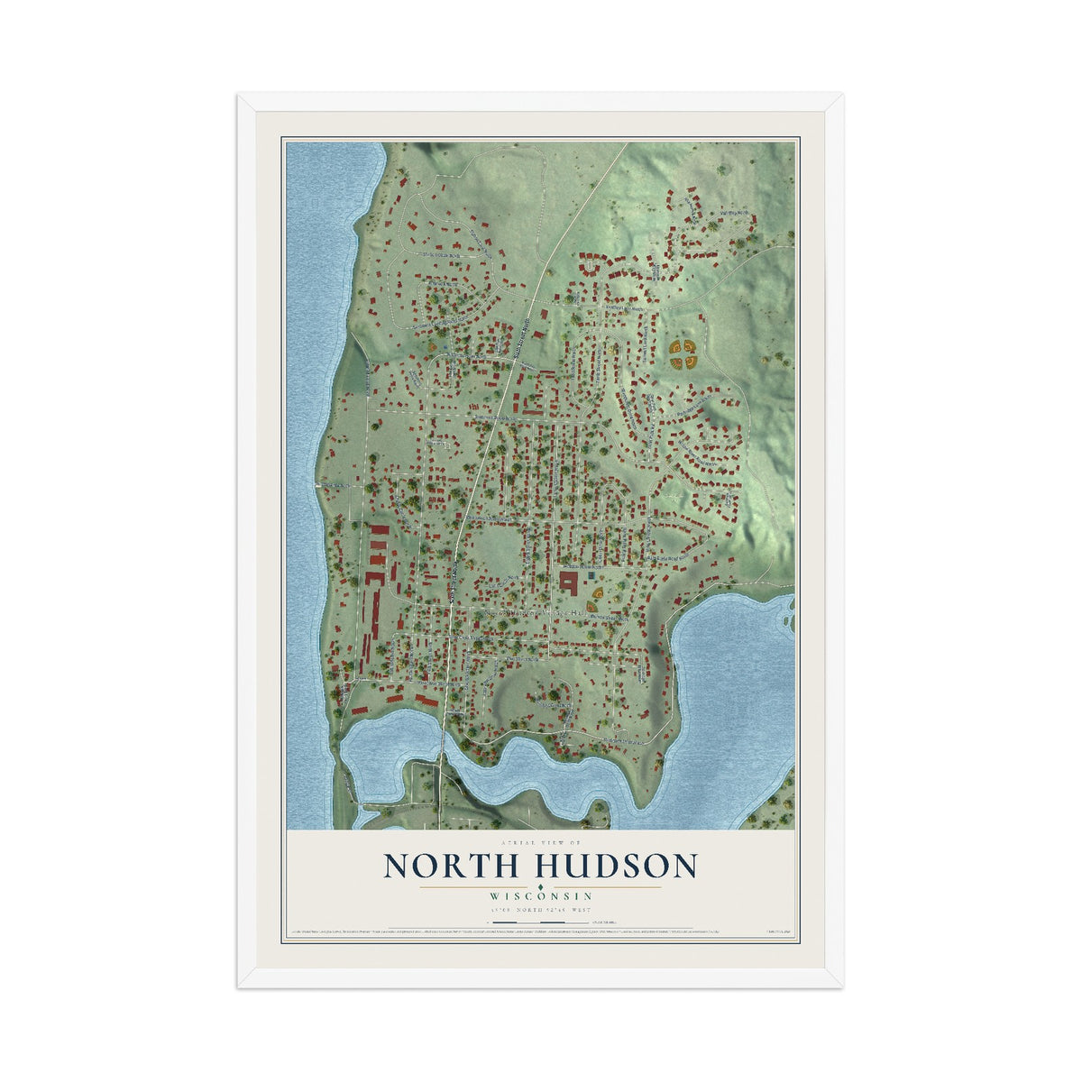 Map of North Hudson, Wisconsin, 12 x 18 inch print in a white wood frame