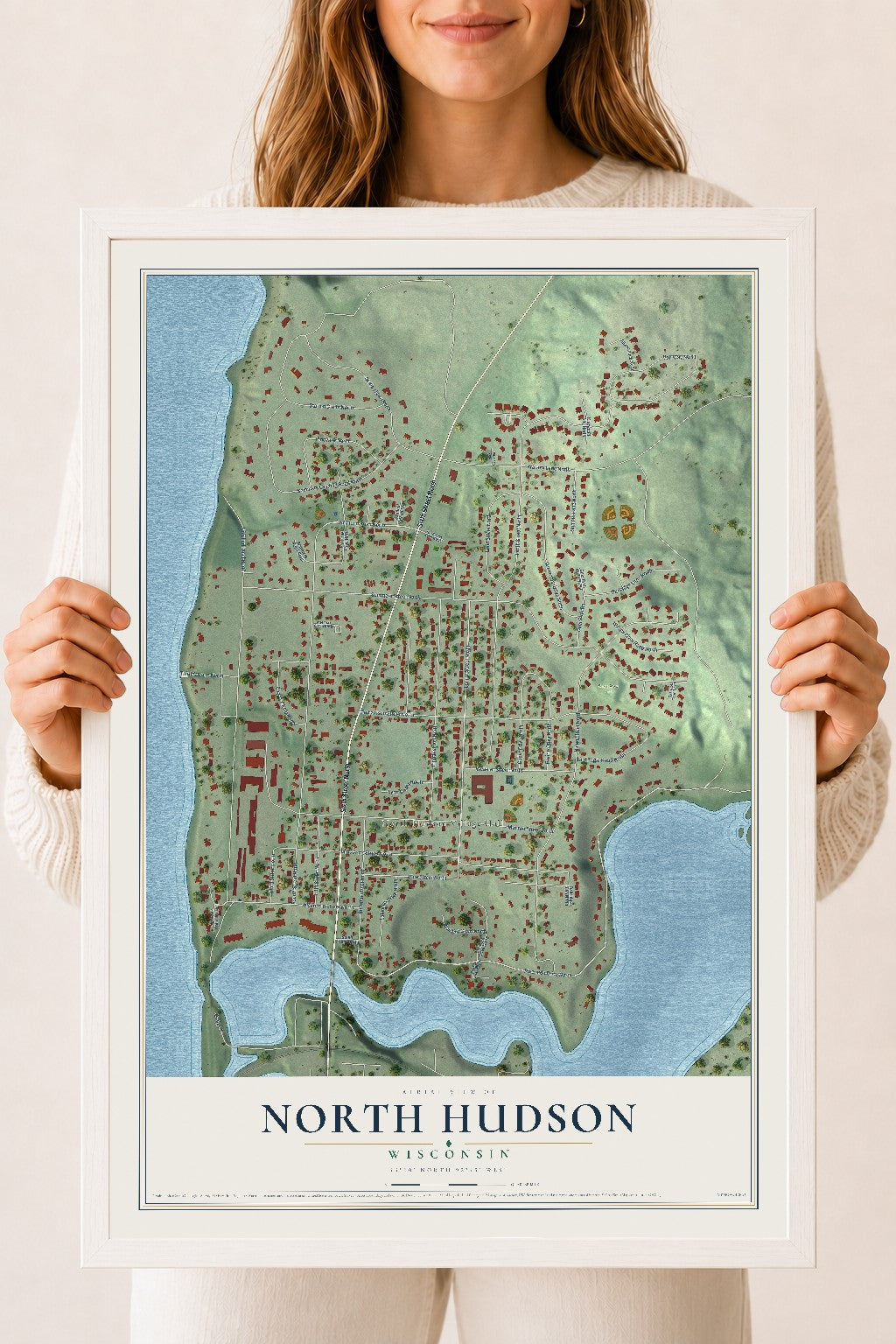 Map of North Hudson, Wisconsin, 18 x 24 inch print in a white wood frame