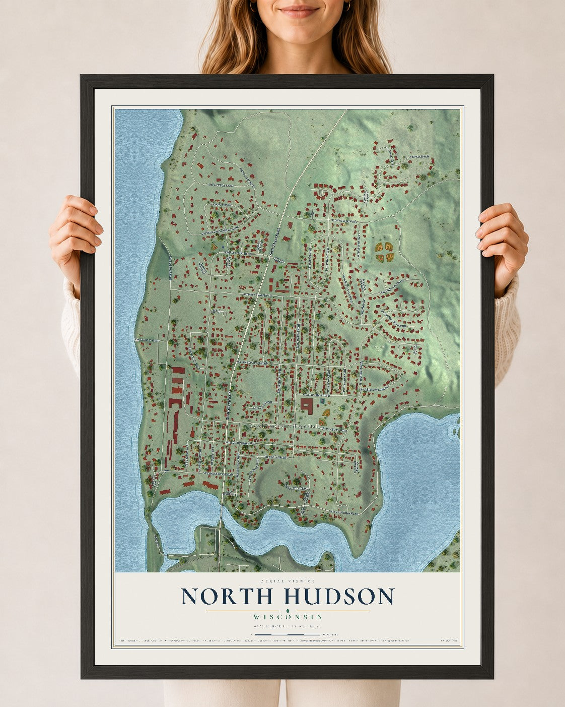 Map of North Hudson, Wisconsin, 24 x 36 inch print in a black wood frame