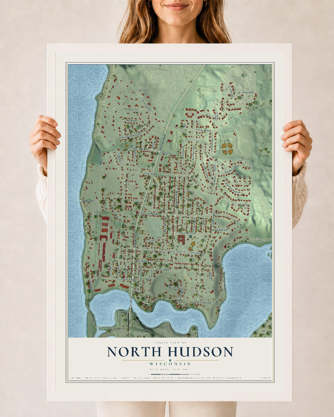 Map of North Hudson, Wisconsin, 24 x 36 inch print in a white wood frame