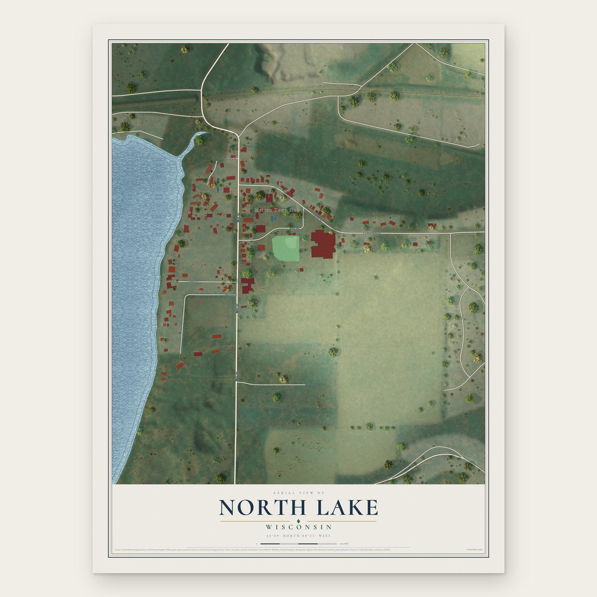 North Lake, Wisconsin map print, the full design