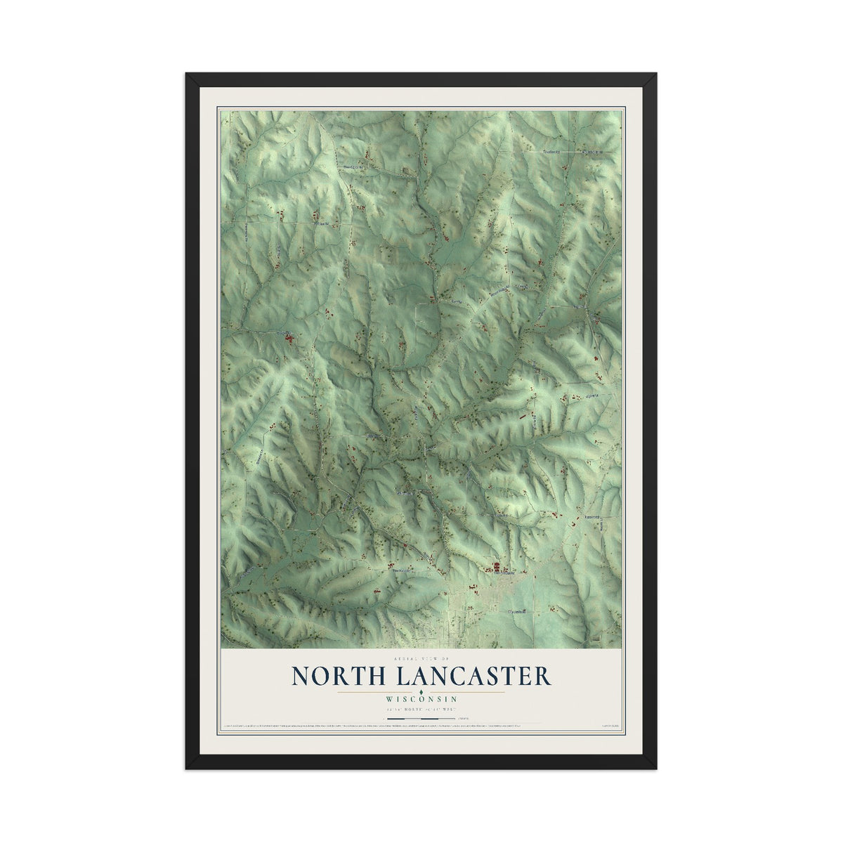 Map of North Lancaster, Wisconsin, 12 x 18 inch print in a black wood frame