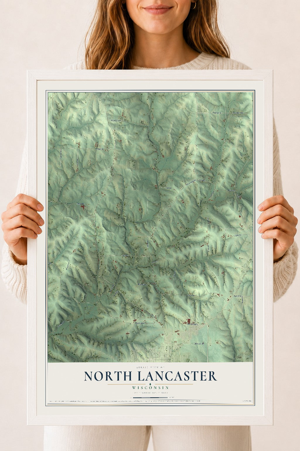 Map of North Lancaster, Wisconsin, 18 x 24 inch print in a white wood frame