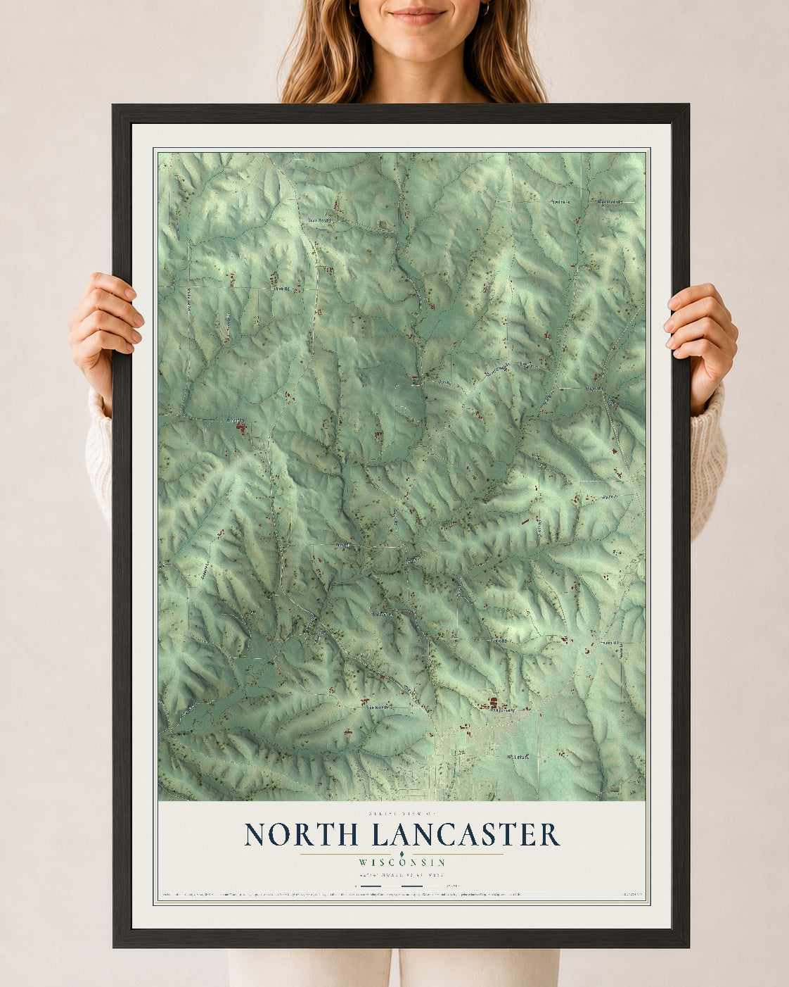 Map of North Lancaster, Wisconsin, 24 x 36 inch print in a black wood frame