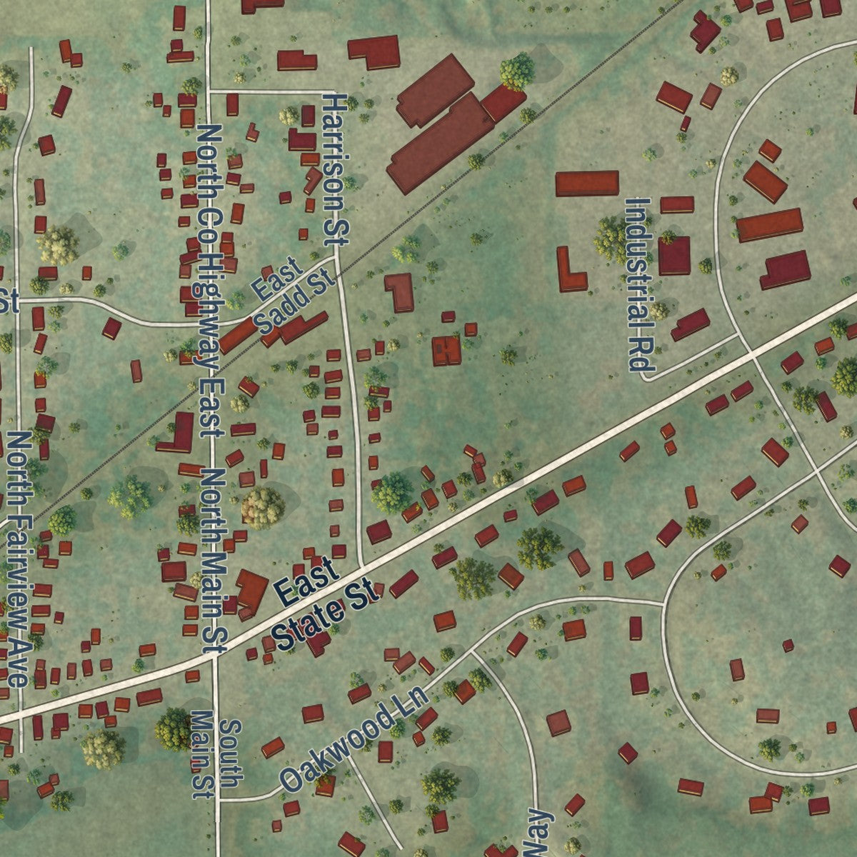 Close-up of the map of North Prairie, Wisconsin print showing street and building detail