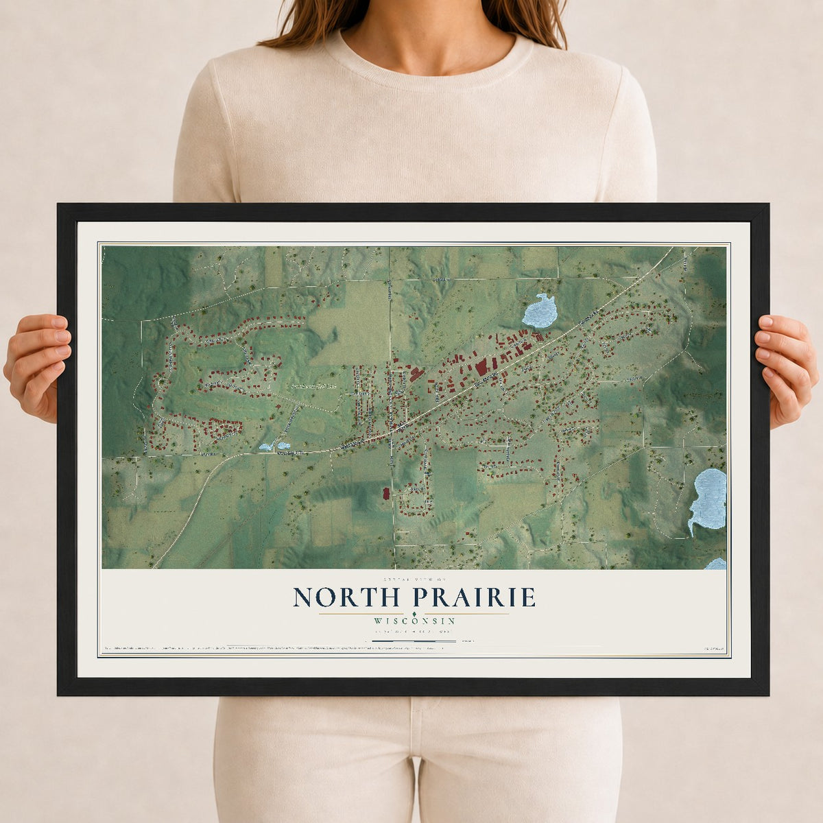 Map of North Prairie, Wisconsin, 12 x 18 inch print in a black wood frame