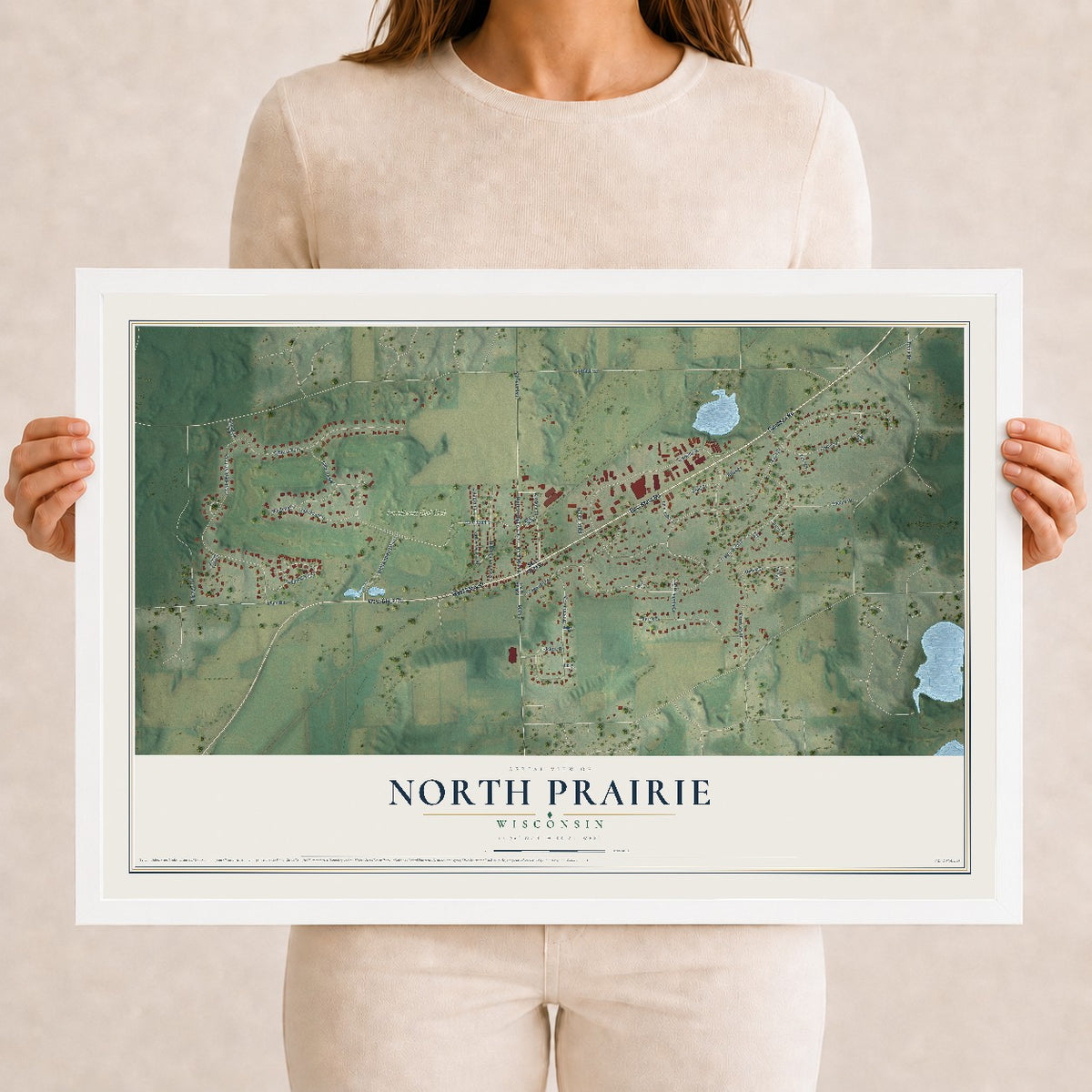 Map of North Prairie, Wisconsin, 12 x 18 inch print in a white wood frame