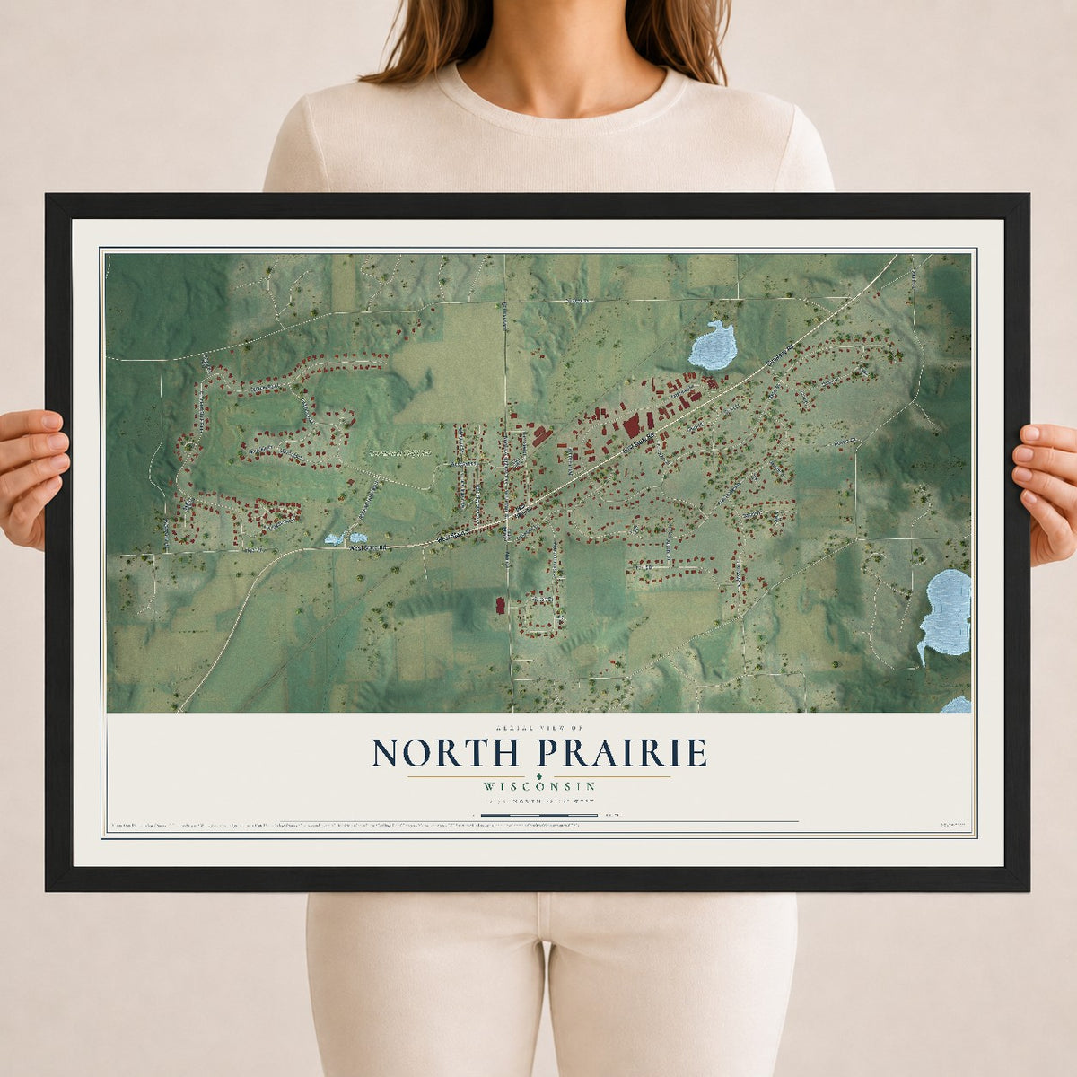 Map of North Prairie, Wisconsin, 18 x 24 inch print in a black wood frame