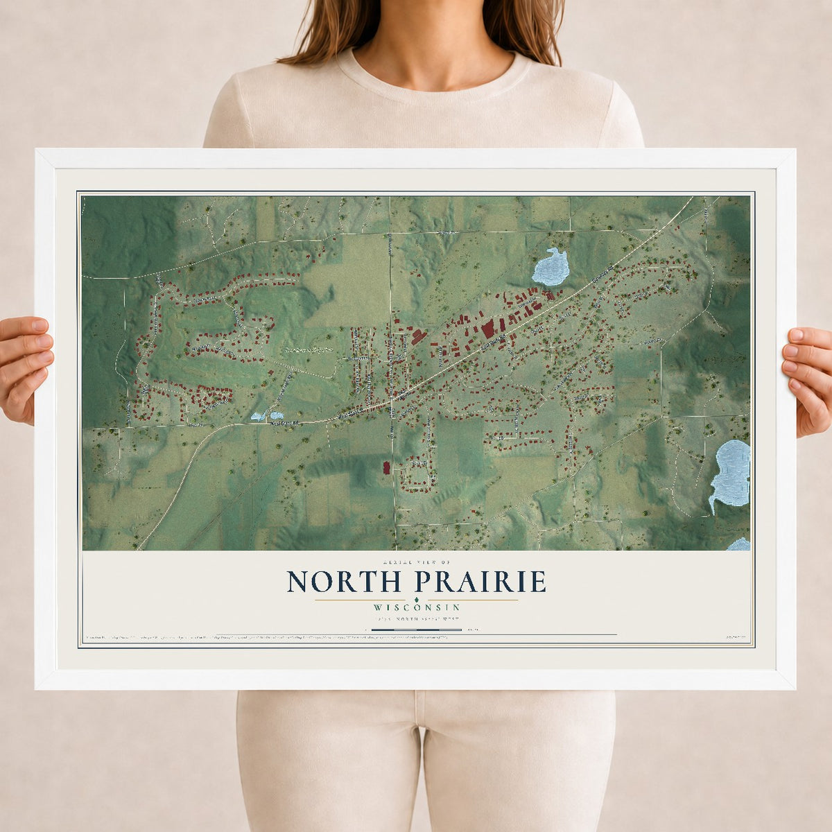 Map of North Prairie, Wisconsin, 18 x 24 inch print in a white wood frame