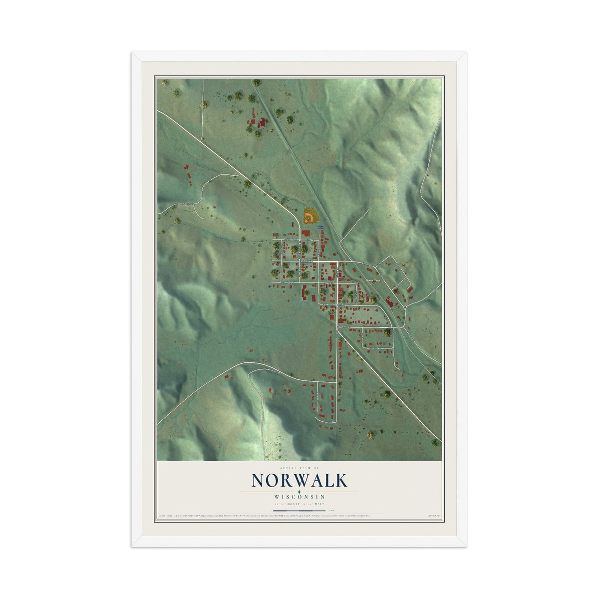 Map of Norwalk, Wisconsin, 12 x 18 inch print in a white wood frame