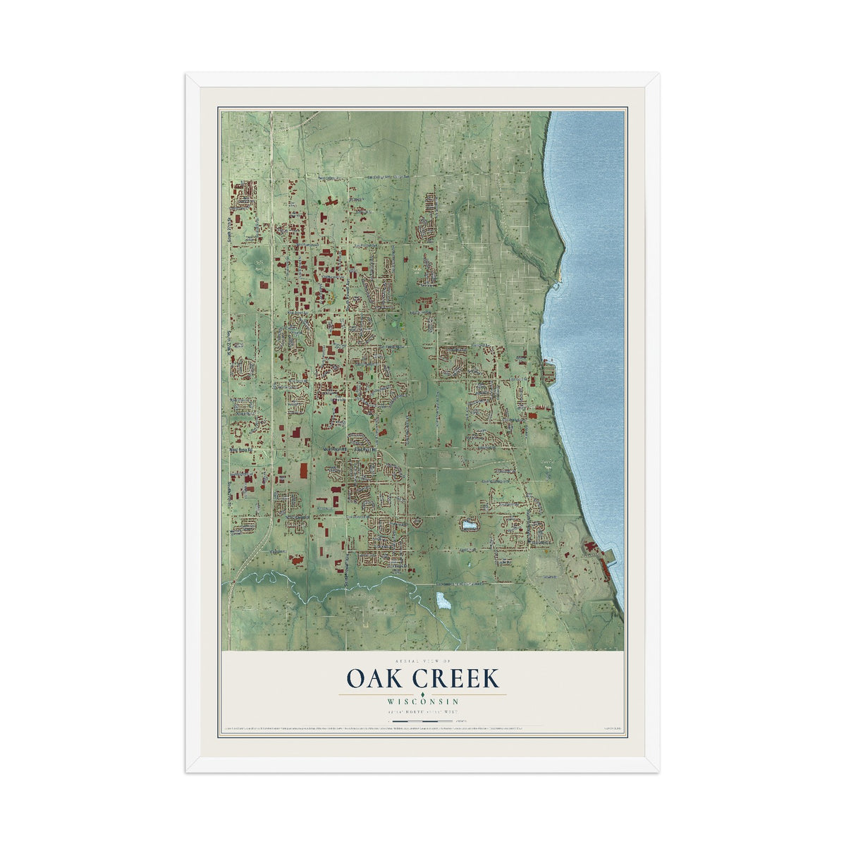 Map of Oak Creek, Wisconsin, 12 x 18 inch print in a white wood frame