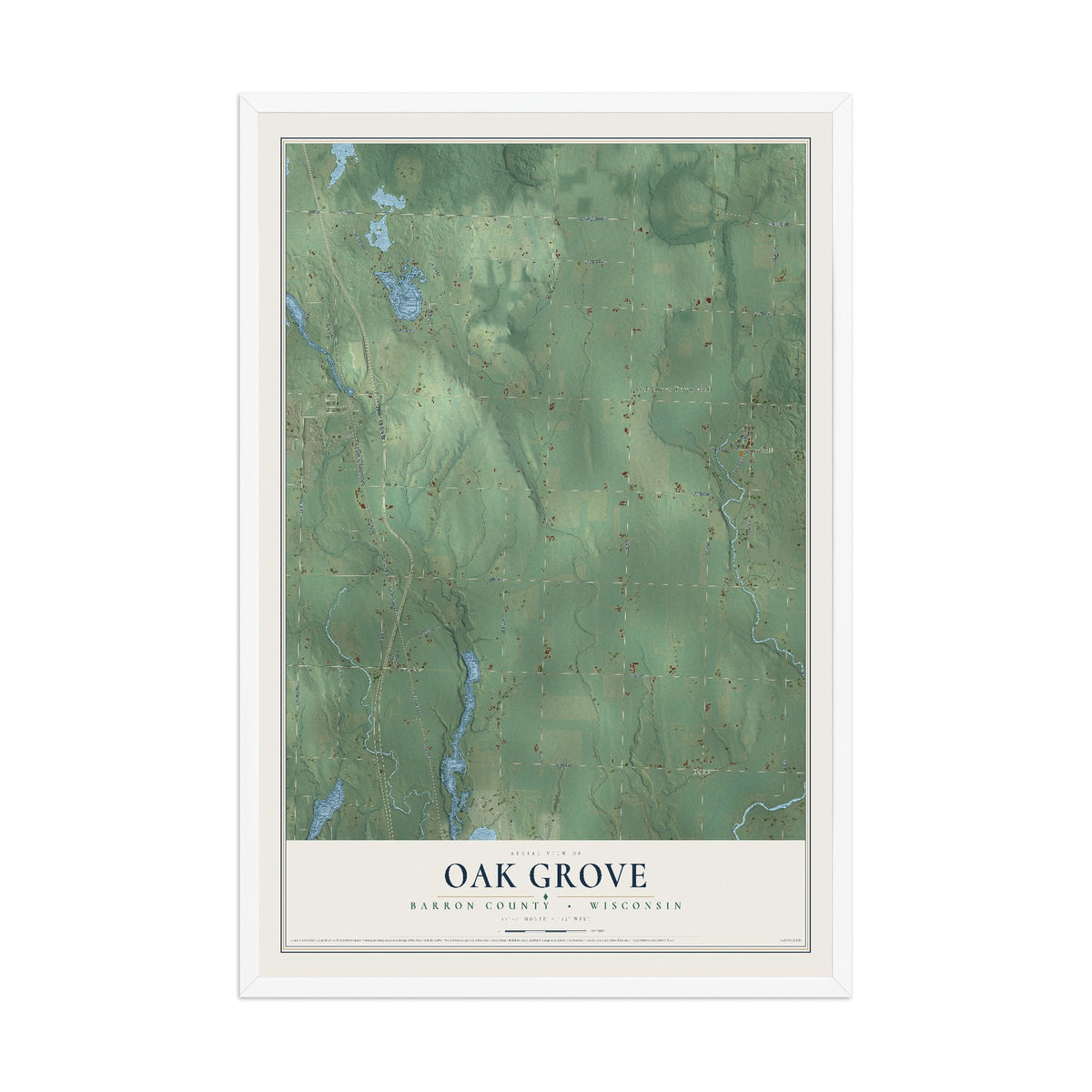 Map of Oak Grove, Barron County, Wisconsin, 12 x 18 inch print in a white wood frame