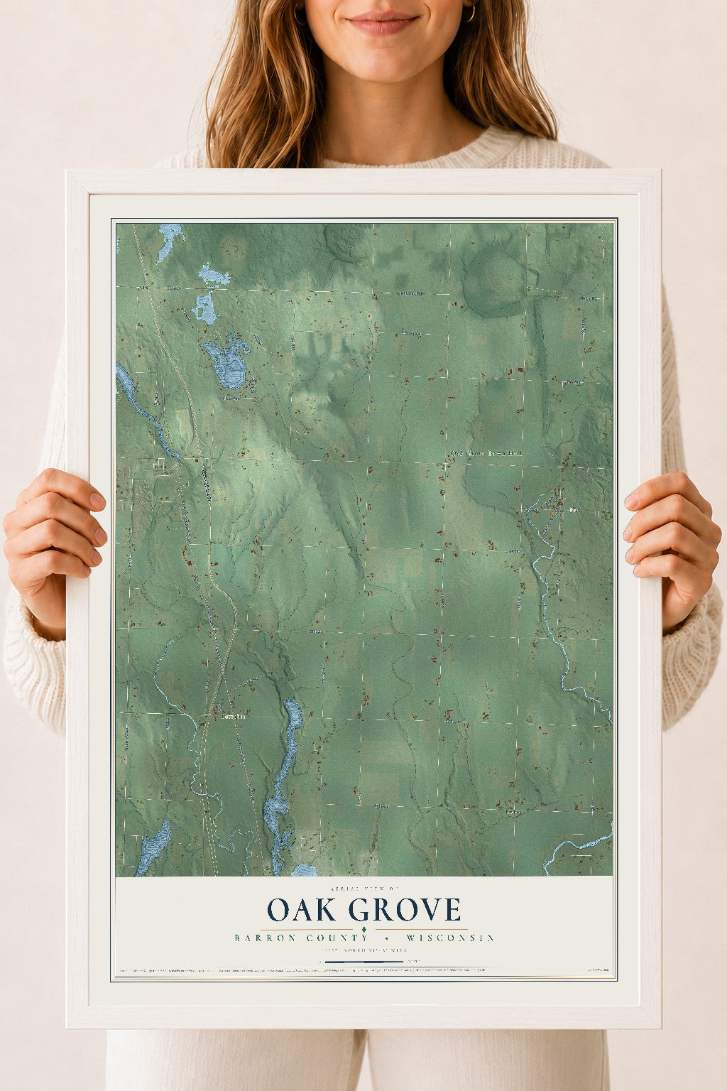 Map of Oak Grove, Barron County, Wisconsin, 18 x 24 inch print in a white wood frame