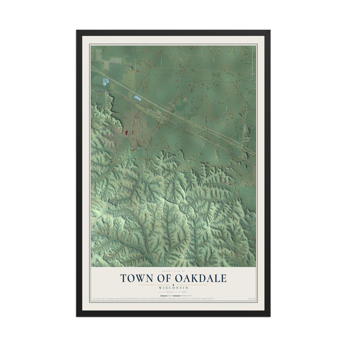 Map of the Town of Oakdale, Wisconsin, 12 x 18 inch print in a black wood frame