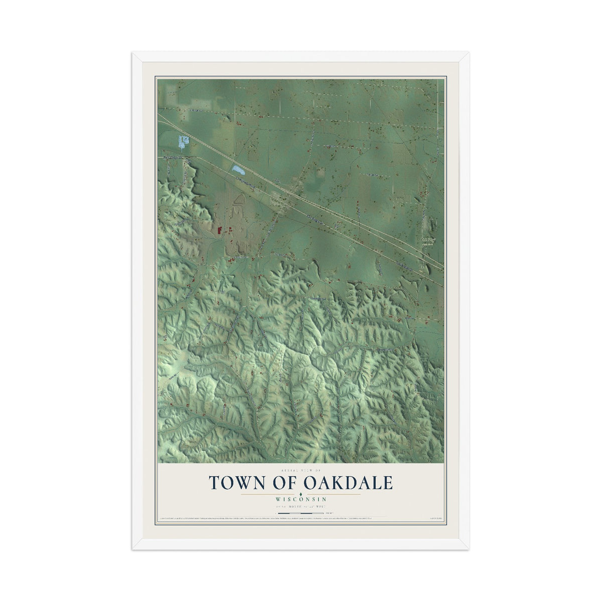 Map of the Town of Oakdale, Wisconsin, 12 x 18 inch print in a white wood frame