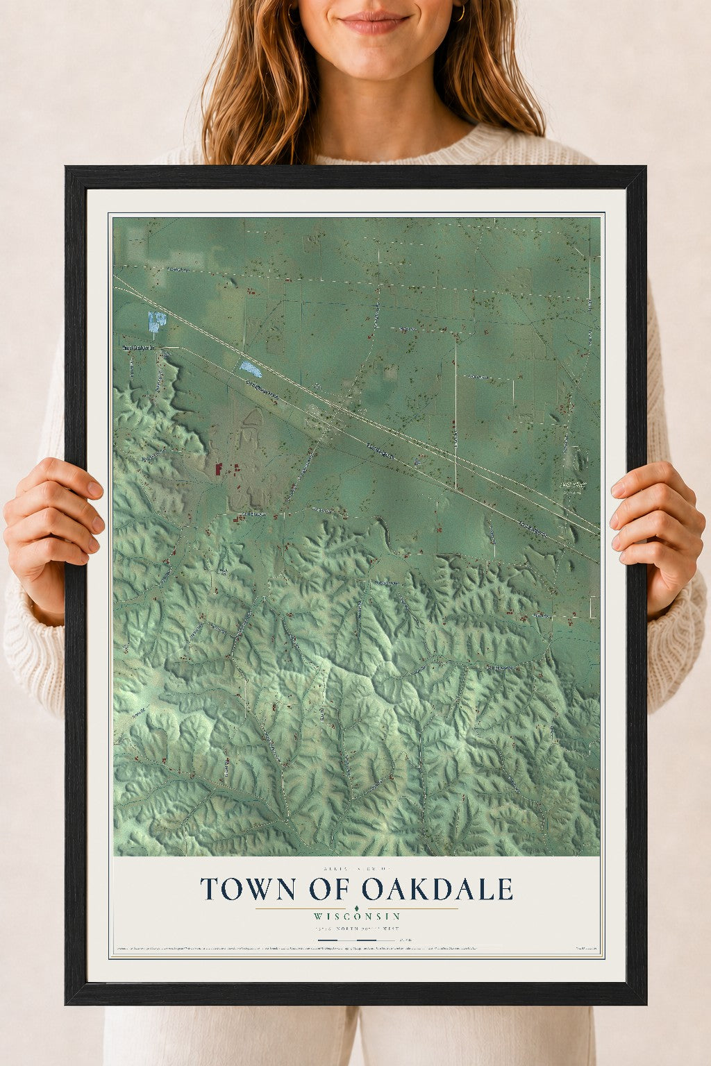 Map of the Town of Oakdale, Wisconsin, 18 x 24 inch print in a black wood frame