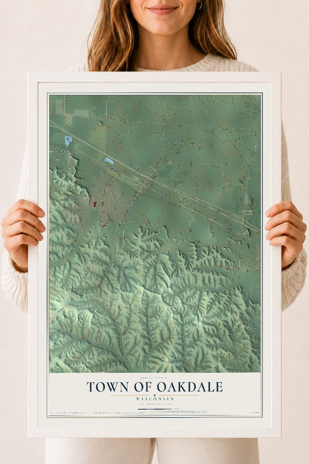 Map of the Town of Oakdale, Wisconsin, 18 x 24 inch print in a white wood frame