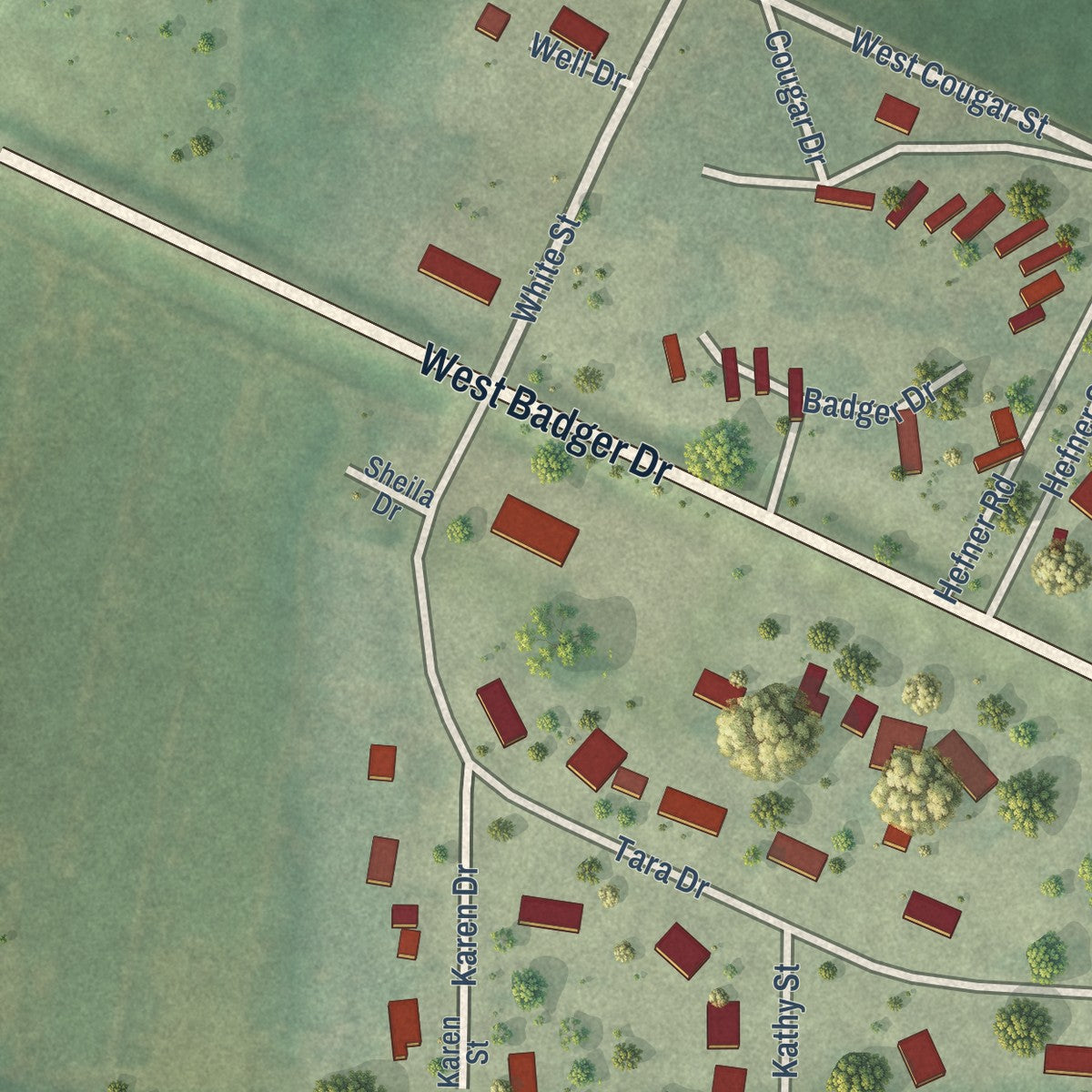 Second close-up of the map of Oakdale, Wisconsin print showing more streets and buildings