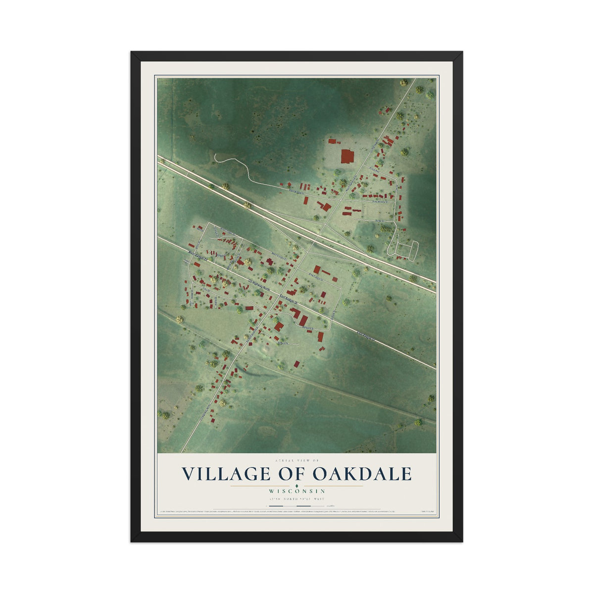 Map of Oakdale, Wisconsin, 12 x 18 inch print in a black wood frame