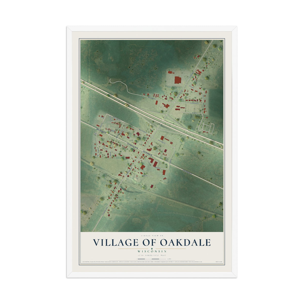 Map of Oakdale, Wisconsin, 12 x 18 inch print in a white wood frame