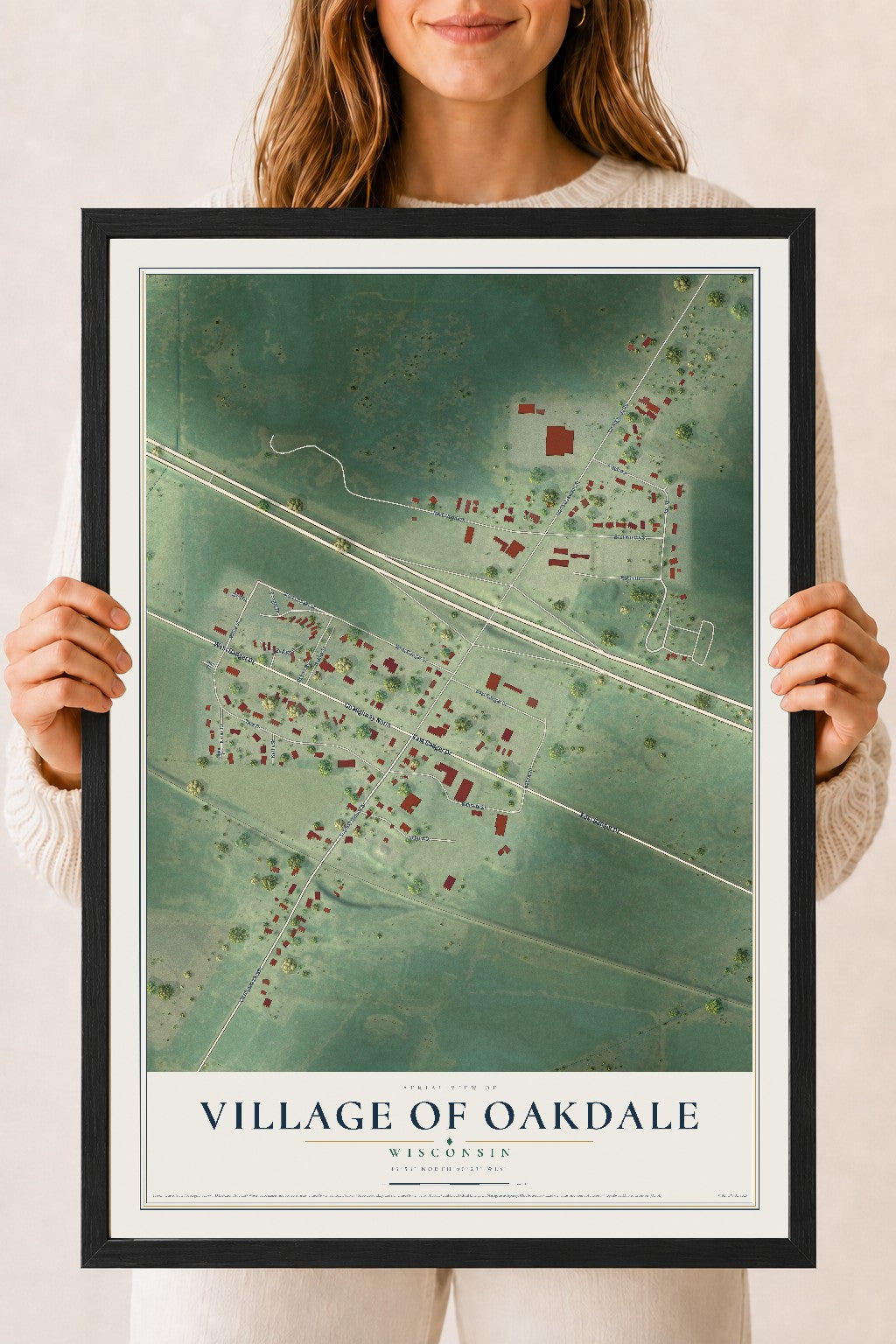 Map of Oakdale, Wisconsin, 18 x 24 inch print in a black wood frame