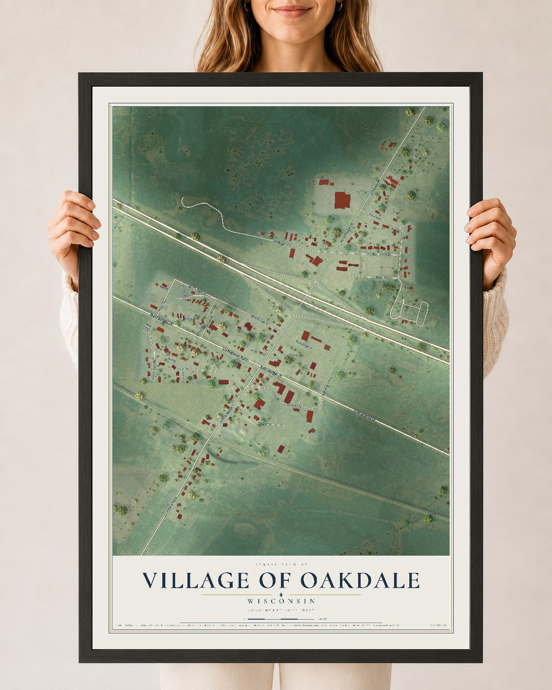 Map of Oakdale, Wisconsin, 24 x 36 inch print in a black wood frame