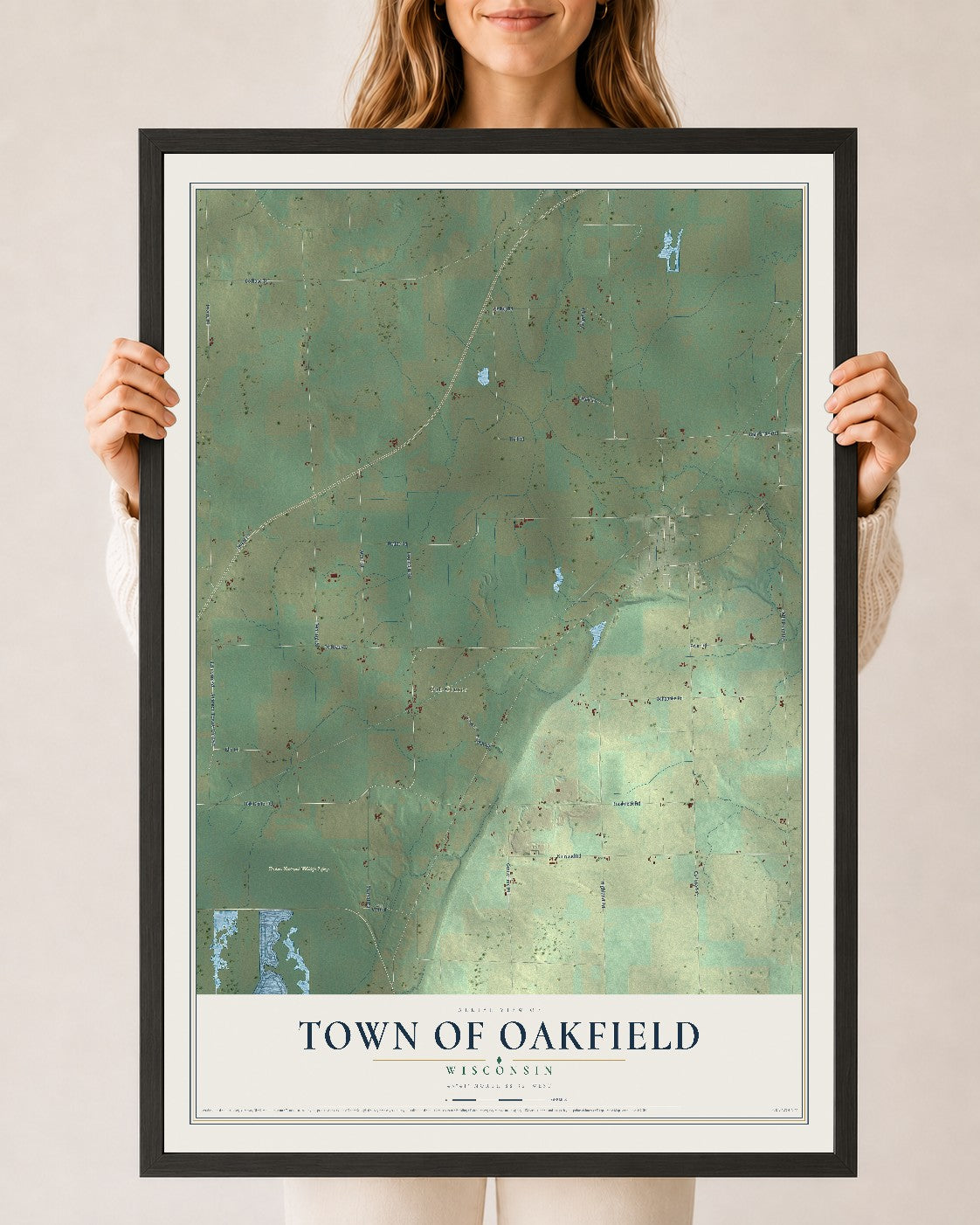 Map of the Town of Oakfield, Wisconsin, 24 x 36 inch print in a black wood frame