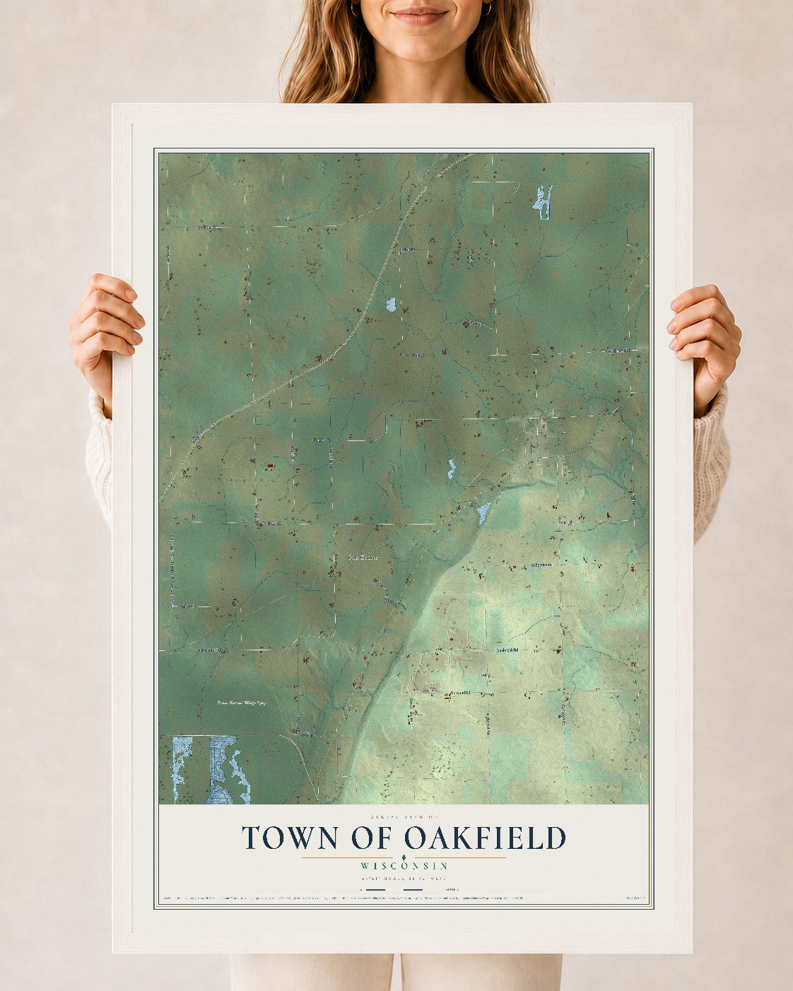 Map of the Town of Oakfield, Wisconsin, 24 x 36 inch print in a white wood frame
