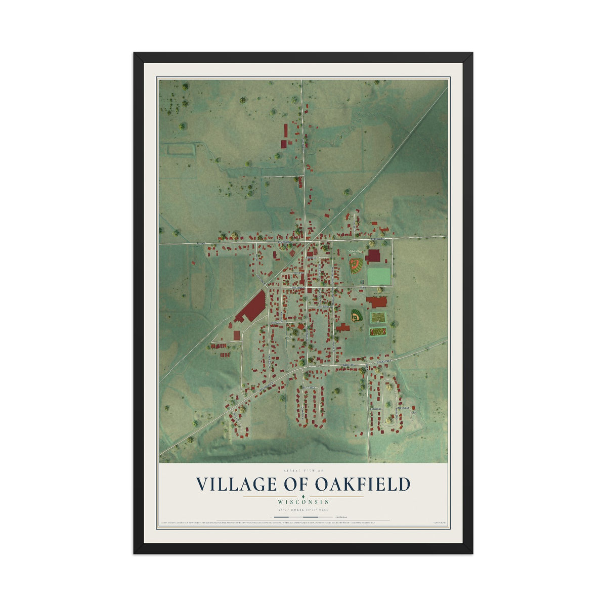 Map of Oakfield, Wisconsin, 12 x 18 inch print in a black wood frame