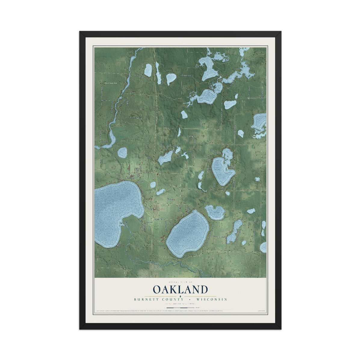 Map of Oakland, Burnett County, Wisconsin, 12 x 18 inch print in a black wood frame