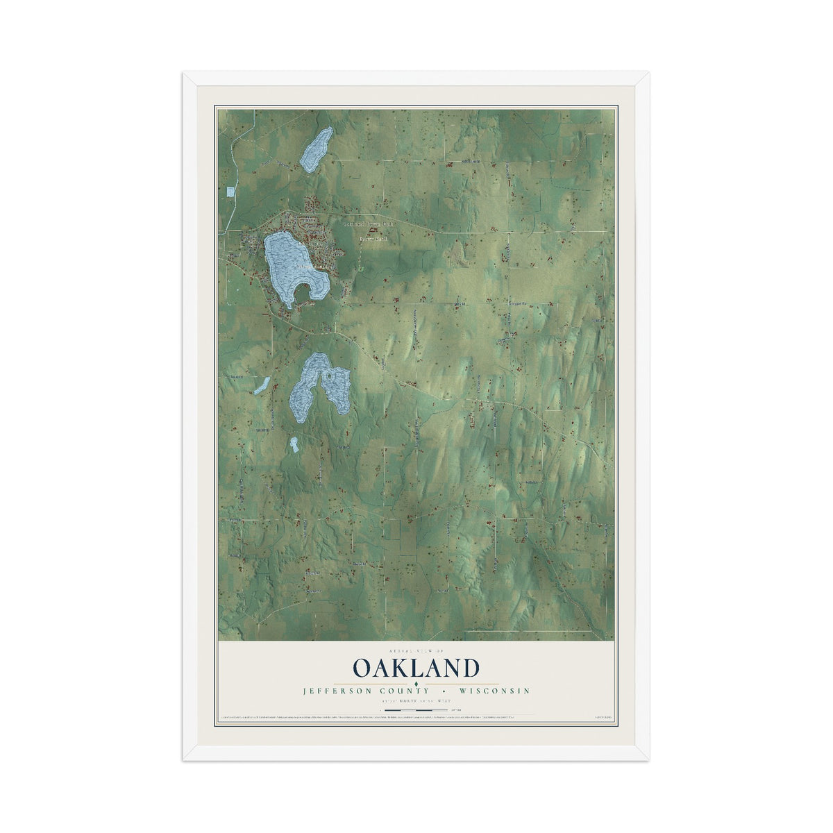 Map of Oakland, Jefferson County, Wisconsin, 12 x 18 inch print in a white wood frame