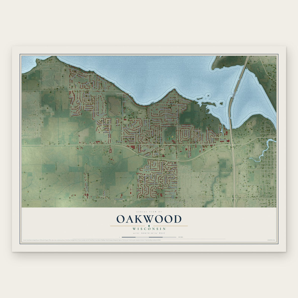 Oakwood, Wisconsin map print, the full design