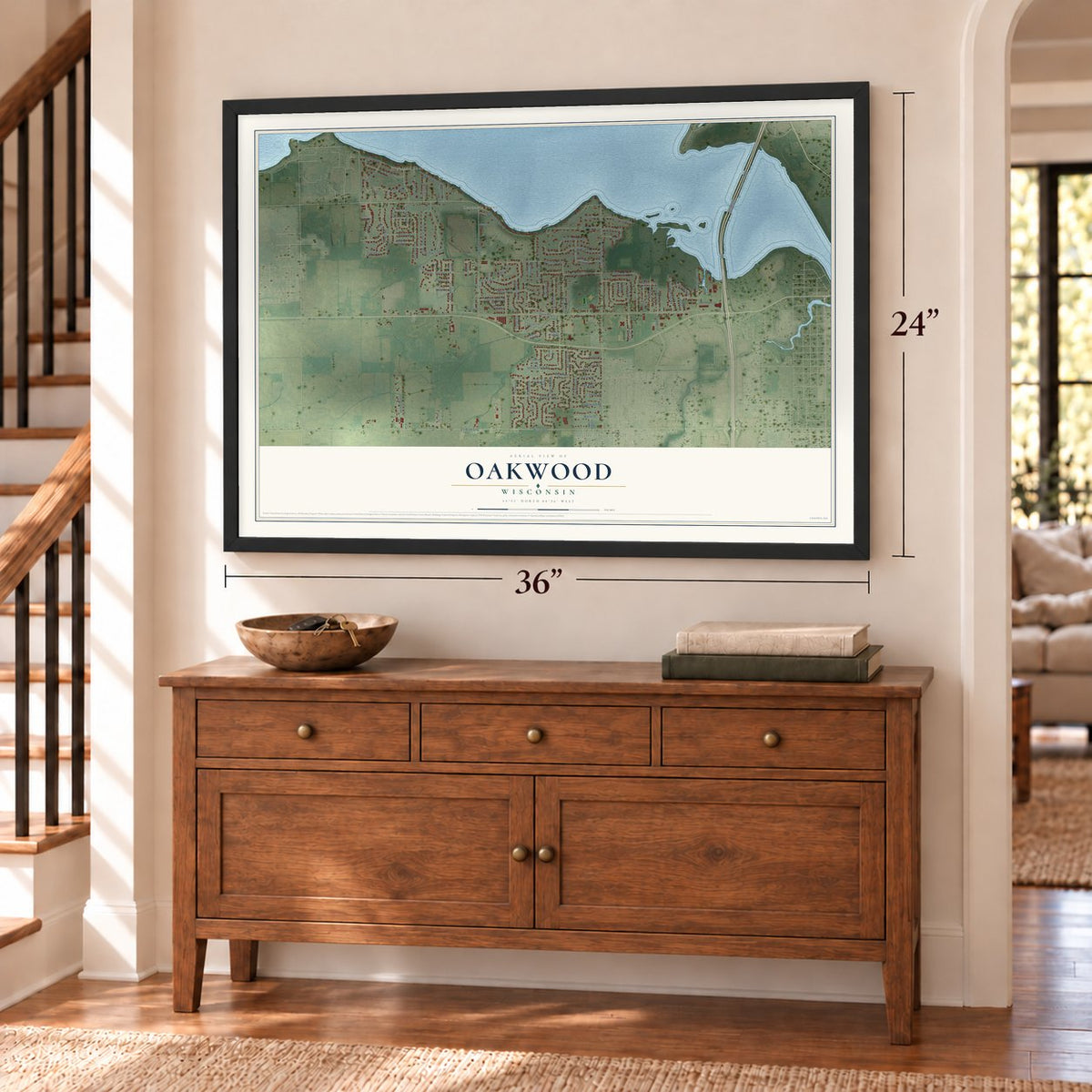 Oakwood, Wisconsin map, 24 x 36 inch print in a black frame above a dresser by a staircase