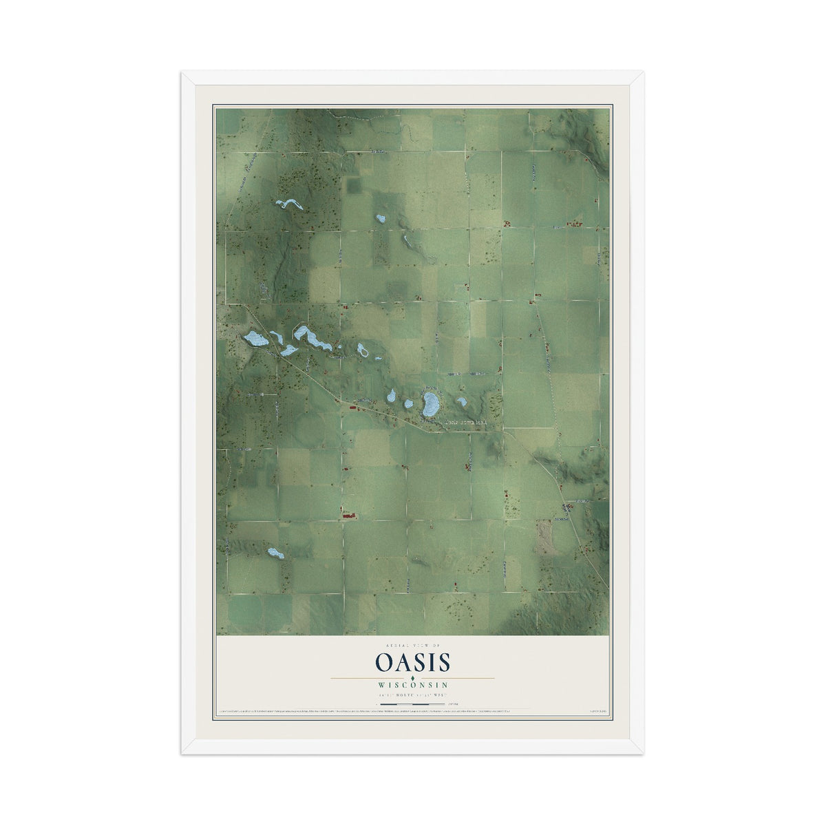 Map of Oasis, Wisconsin, 12 x 18 inch print in a white wood frame