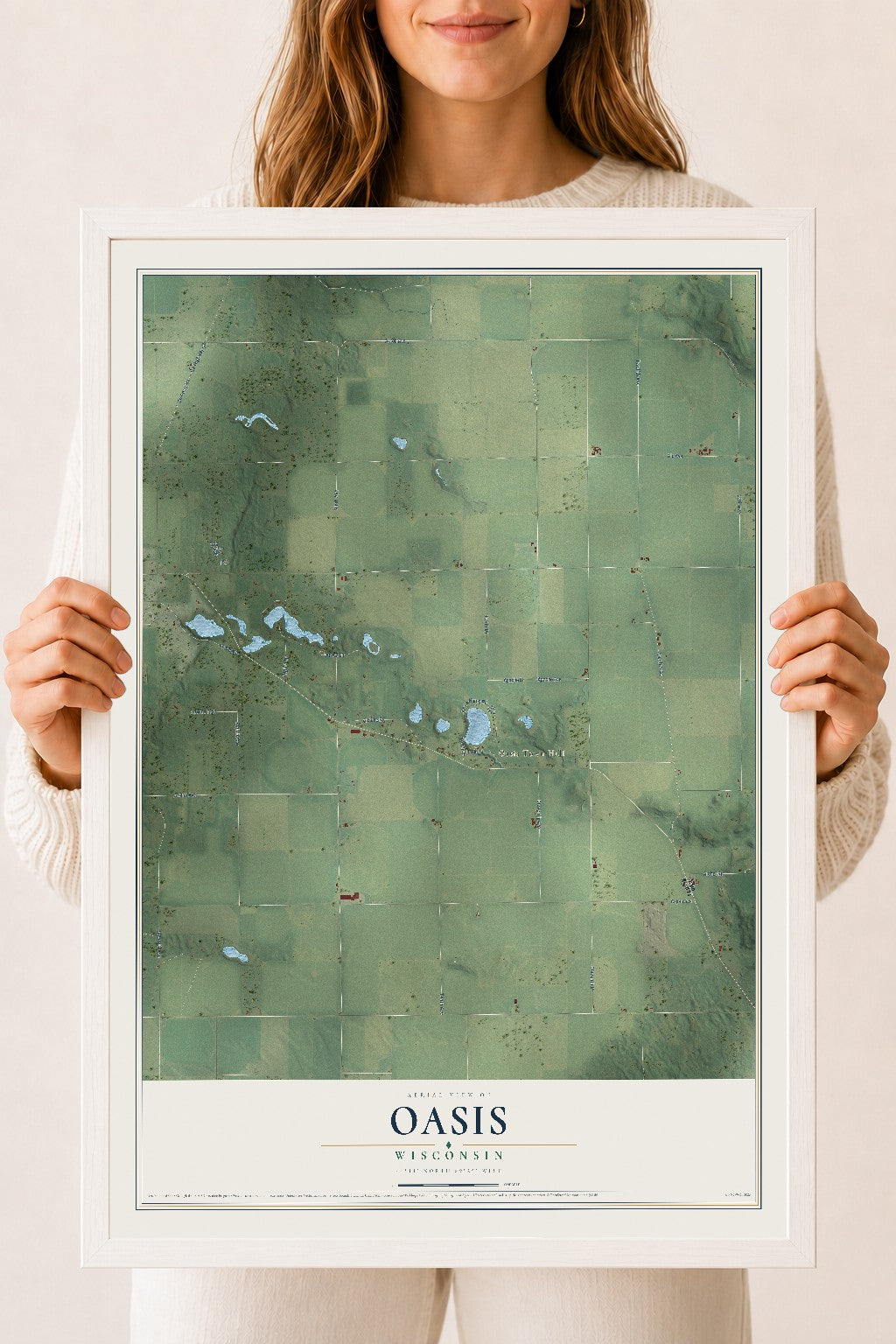 Map of Oasis, Wisconsin, 18 x 24 inch print in a white wood frame