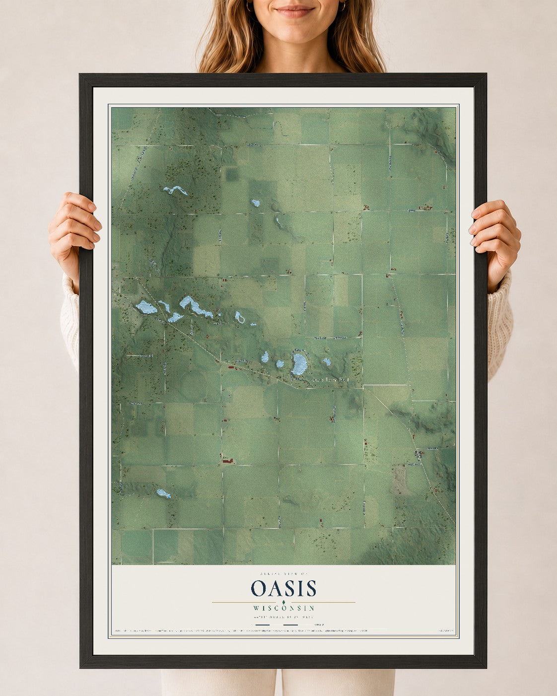 Map of Oasis, Wisconsin, 24 x 36 inch print in a black wood frame