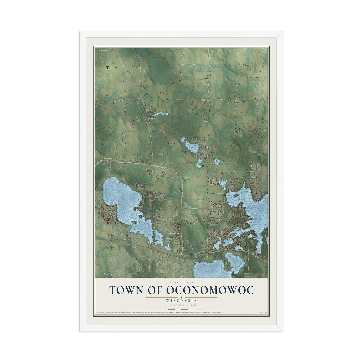 Map of the Town of Oconomowoc, Wisconsin, 12 x 18 inch print in a white wood frame