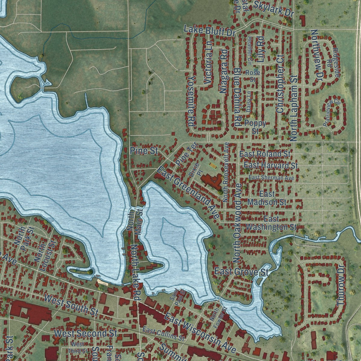 Close-up of the map of Oconomowoc, Wisconsin print showing street and building detail