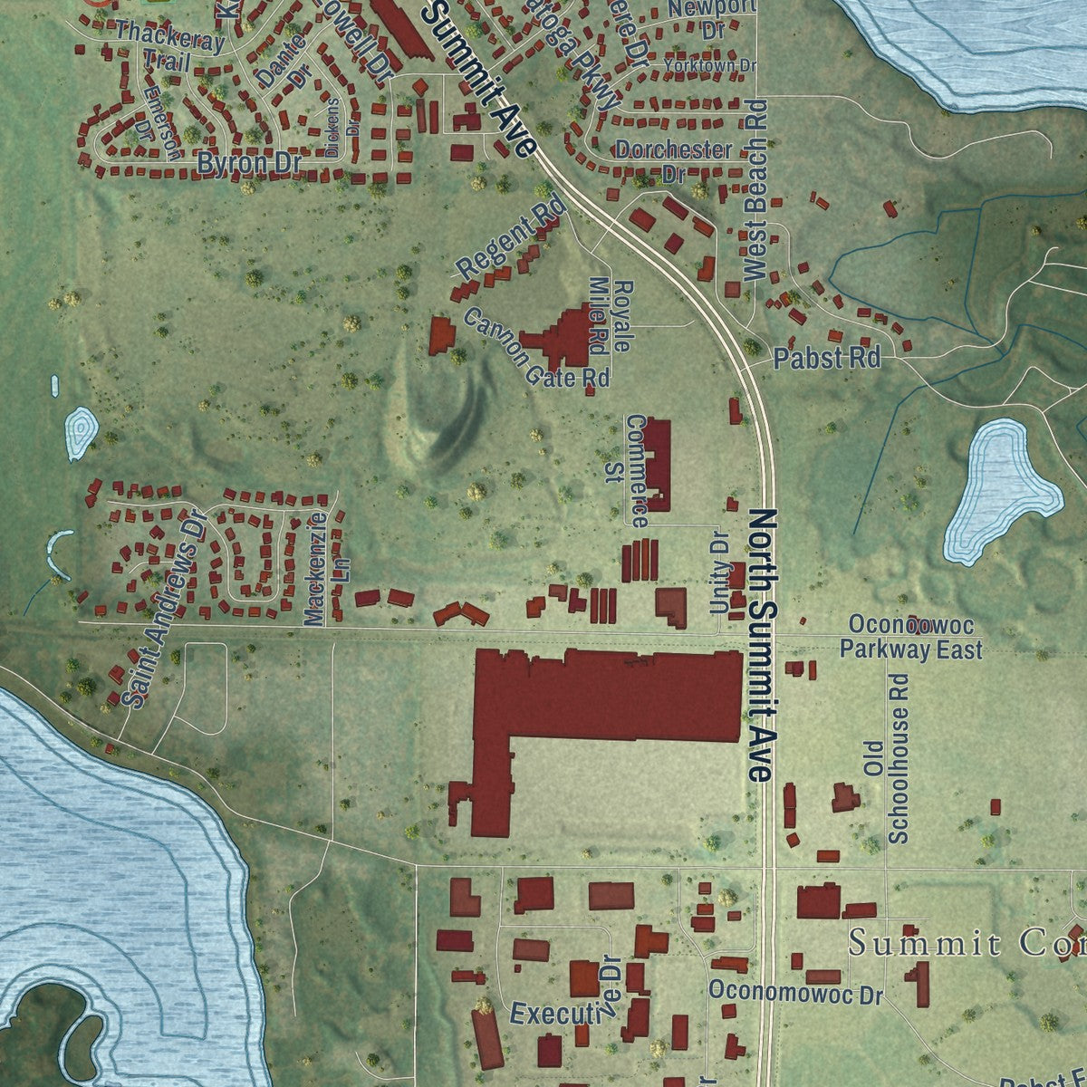 Second close-up of the map of Oconomowoc, Wisconsin print showing more streets and buildings
