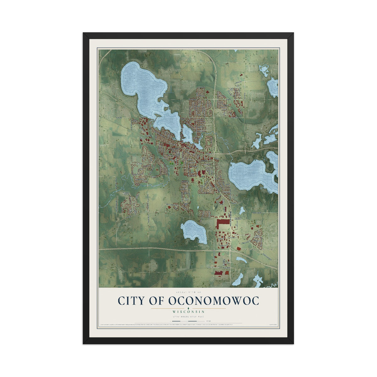 Map of Oconomowoc, Wisconsin, 12 x 18 inch print in a black wood frame